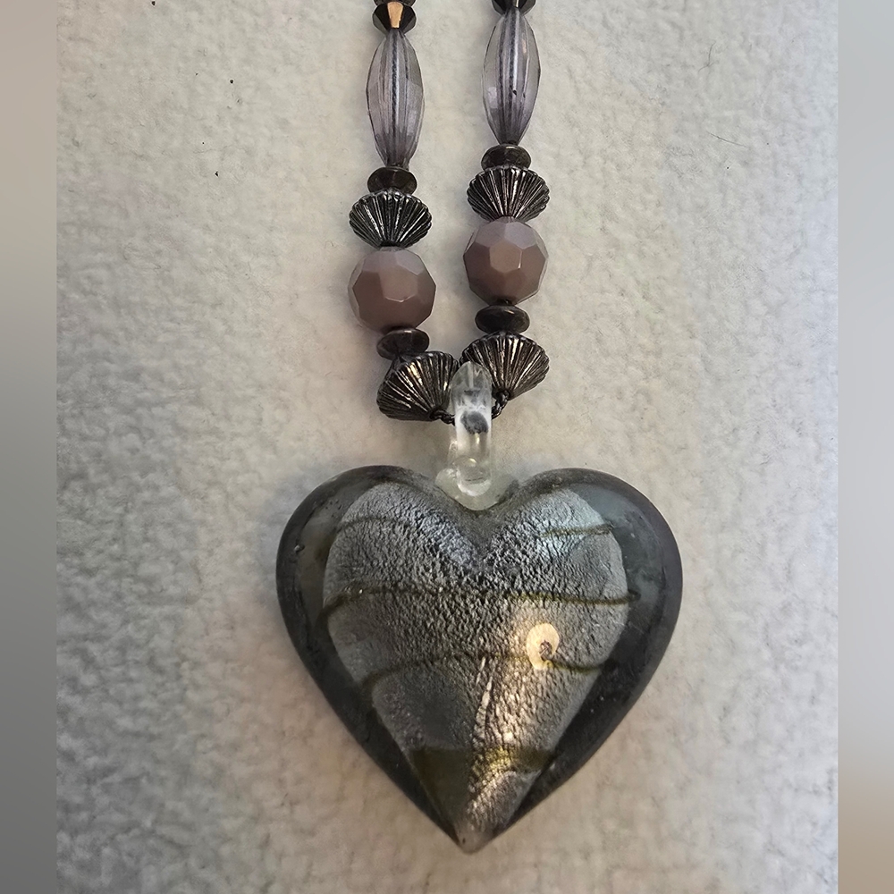 Smoky Gray Heart Glass Pendant Necklace With Beads